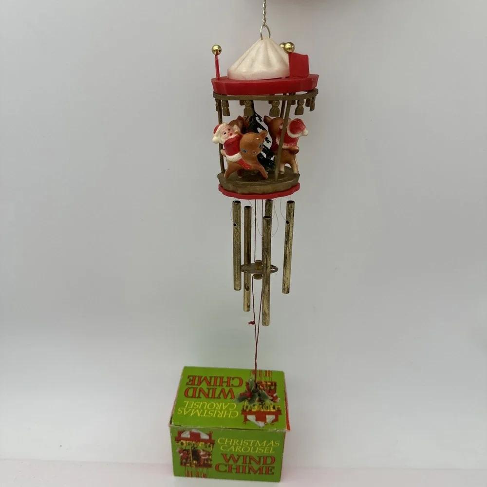 Vintage Wind Chime Christmas Ornament  Santa Riding Reindeer Carousel 1974 w/box